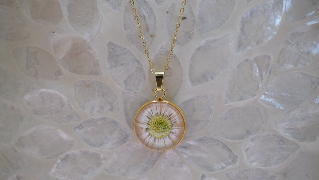 Medaillons mit Wildblüten und  Edelstahlkette 16mm